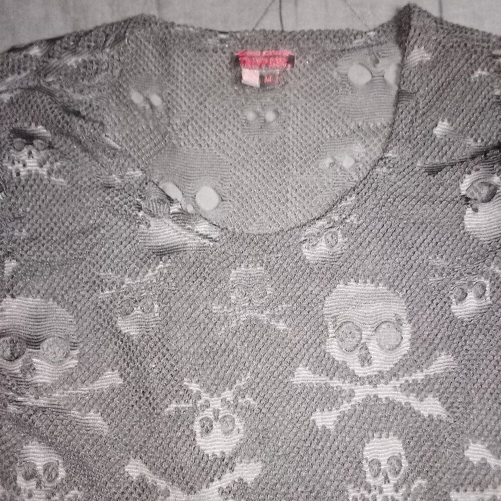 Vintage Y2K Tripp NYC Skulls Royal Bones Mesh Long Sleeve Top Shirt